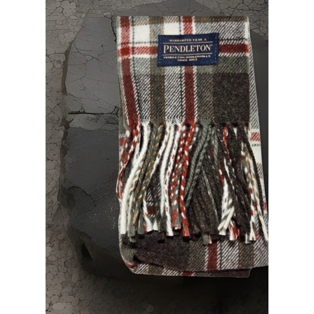 Pendleton Pacific Plaid 100% Wool 76"‎ Scarf Woolen Mills Muffler Fringe Brown